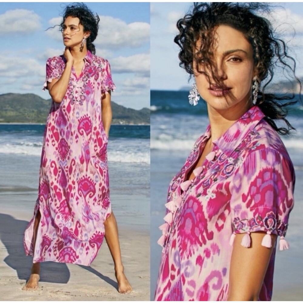 $150 Soft Surroundings Petite Medium Maxi Dress Pink Tassel Embroidered